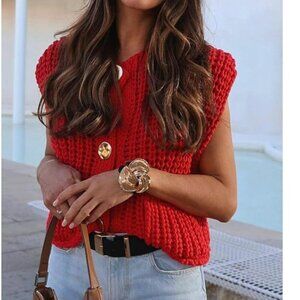 Zara Sleeveless Cropped Knit Sweater Vest Red Blogger Fav Size Small